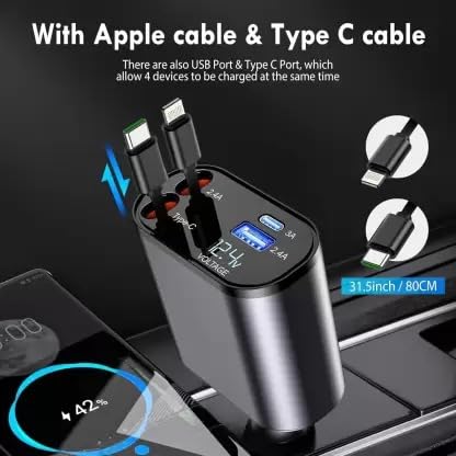 Car Charger 120W Multi-Port 4 in1 USB-A & USB-C PD QC 3.0 High-Speed Retractable Charger for Smartphones, Tablets, Laptops, Universal Car Charger...v