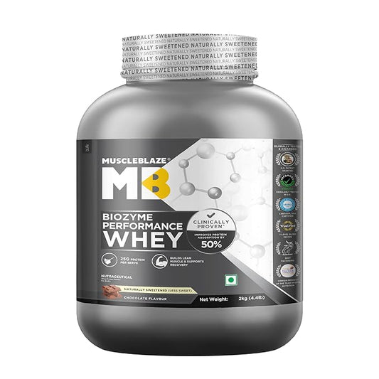 MuscleBlaze Biozyme Performance Whey Protein Powder | Naturally Sweetened (Less Sweet) | Chocolate (2kg / 4.4lbs) | 25g Protein Per Scoop | Clinically Tested 50% Higher Protein Absorption